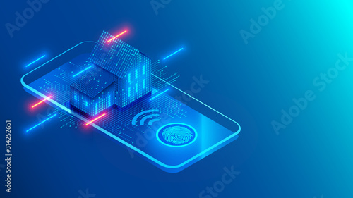 Smart home technology on screen smartphone on blue background. Internet of things conceptual isometric illustration. Digital House. Access to IOT systems using a fingerprint on a mobile phone.
