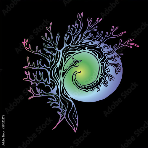 Neon illustration of a tree that spirals in the background of the sun or moon.