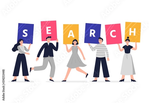 Search Engine Optimization illustration. Group of web developers holding signs with the word SEARCH. Flat Vector illustration good for banners, ads, landing pages, SEO or other web promotion.