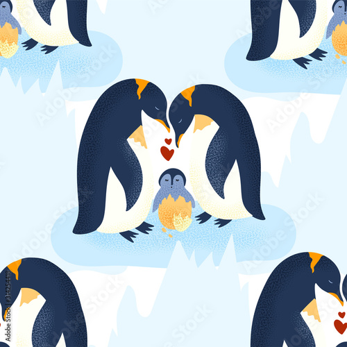 Happy valentine day vector textured animal seamless pattern in a flat style. Romantic illustration. Penguin family take care of a baby.