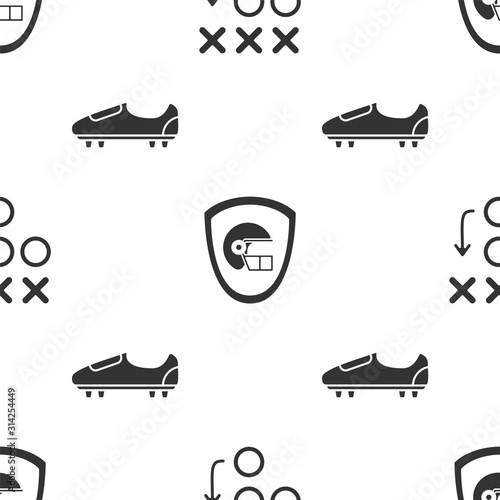 Set Planning strategy concept, American football helmet and shield and Soccer or football shoes with spikes on seamless pattern. Vector