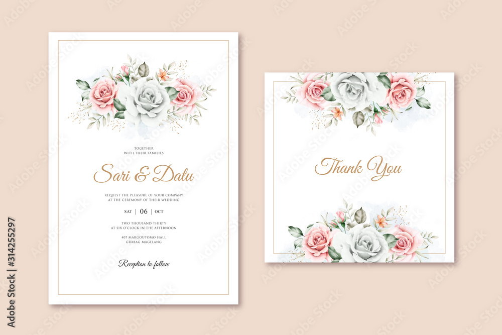 Elegant wedding card template with floral bouquet watercolor