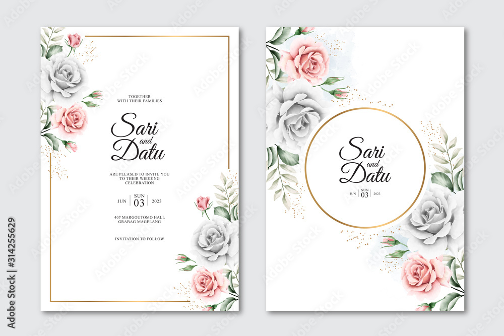 Wedding invitation card with golden frame and beautiful floral watercolor