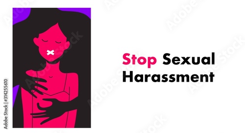 Stop Sexual Harassment vector illustration. Frightened Girl suffering from agressive behavior. Rape victim. Me too teg.