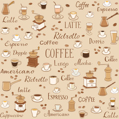 Handdoek met foto Koffie patronen Koffiekopjes en koffiesoorten patroon keuken  © Евгений Казанцев