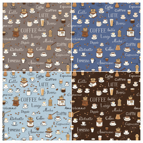 Coffee seamless patterns. Color drawings of cups, coffee grinders and inscriptions. The inscription latte, espresso, ristretto and americano. Decoration for wrappers, menus, wallpapers and kitchen
