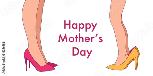Cute funny little girl wearing big high-heeled mother's shoes. Vector illustration. Mother and daughter.
