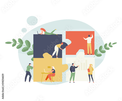 Group of business people adds puzzle. Teamwork and collaboration vector illustration