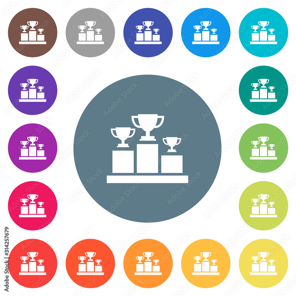 Winner podium with trophy cups flat white icons on round color backgrounds Winner podium with trophy cups flat white icons on round color backgrounds