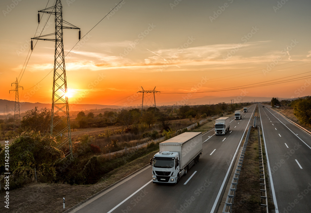 Fototapeta premium Convoy of White transportation trucks in line as a caravan or convoy on a country highway under an amazing sunset sky