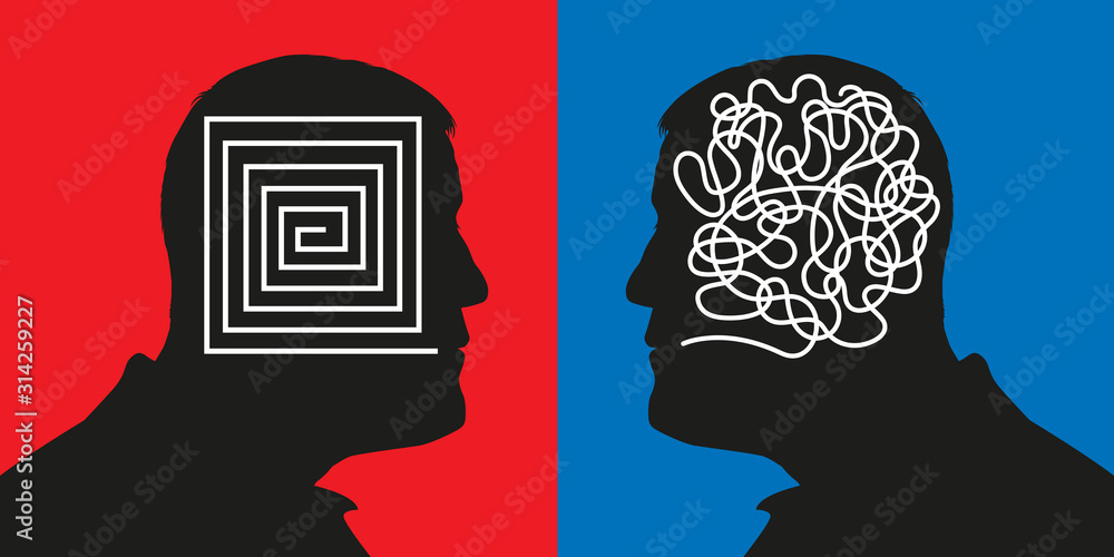 Concept montrant deux profils qui symbolisent des méthodes de raisonnement opposées avec un cerveau rationnel face à un esprit confus. - obrazy, fototapety, plakaty 