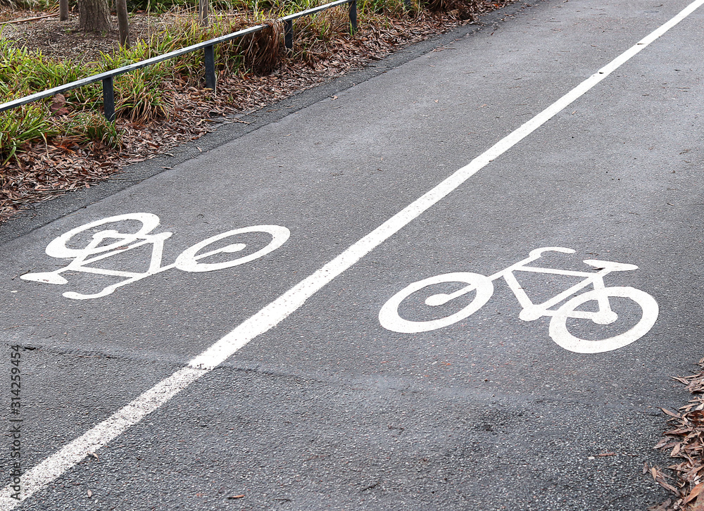 Fototapeta premium Sign Bicycle path on the pavement with white paint