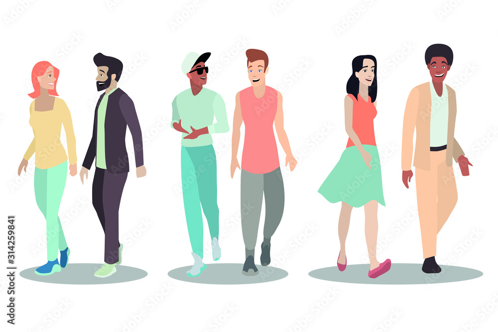 Fototapeta premium A collection of young people of different nationalities who are walking and talking. Ideal for advertising and presentations.