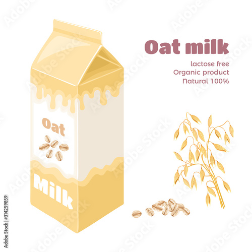 Oat milk in carton box isolated on white background. Vector illustration of plant-based drink, oat spike and grains in cartoon flat style. Organic Dairy Free Vegan beverage.