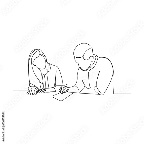 continuous line drawing of business man and business woman discussion at the table vector illustration