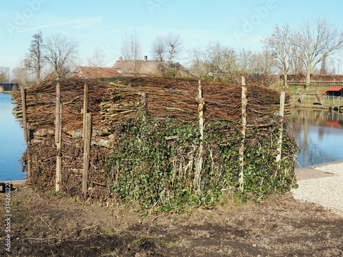 Fence made from branches in a natural reserve in Meerkerk, South-Holland, Netherlands photo