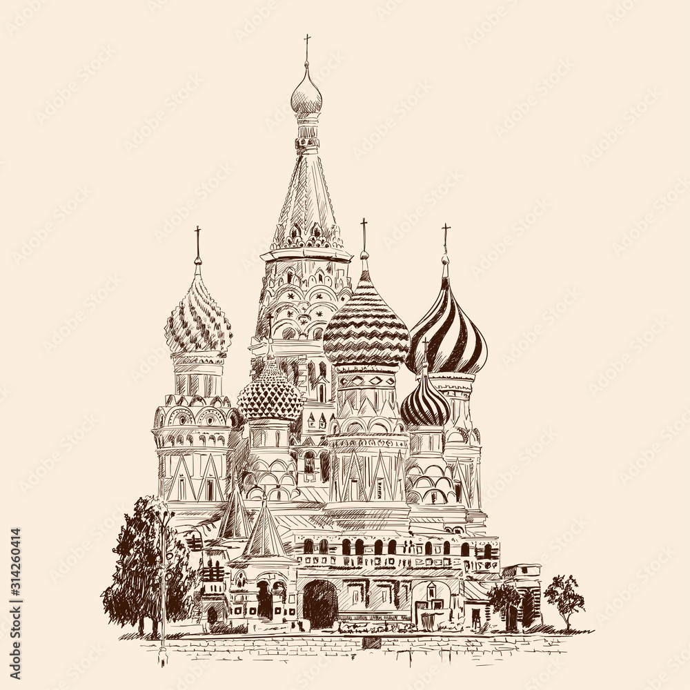 St. Basil's Cathedral on Red Square in Moscow. Russia. Pencil sketch on a beige background.