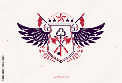 Vector retro insignia design decorated using vintage elements like armory and eagle wings