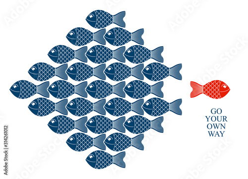 Being different or special vector concept shown with funny cartoon fishes and one is another color and swimming another direction, alternative opposition, variety.