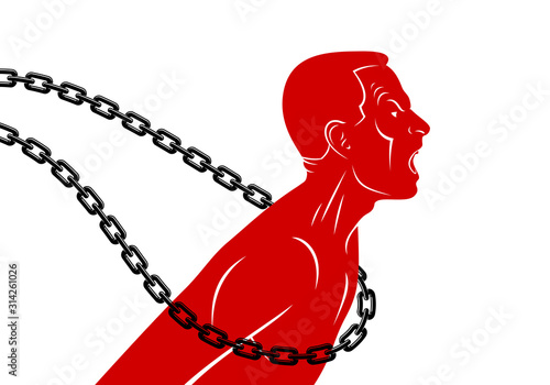 Shouting and screaming man trying to break the chain struggling for freedom, fight and liberate concept, liberty and human rights vector conceptual illustration.