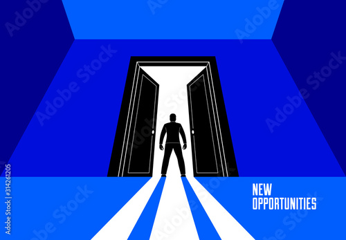 Man standing in half open big door hesitating to step in vector concept of new opportunities, step into future metaphor, debt decision to go to future.