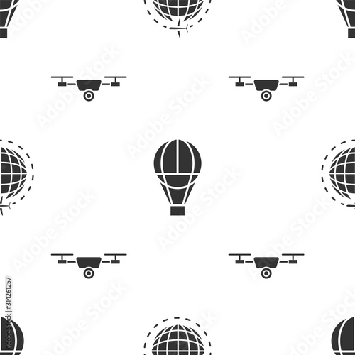 Set Globe with flying plane, Hot air balloon and Drone flying with action video camera on seamless pattern. Vector