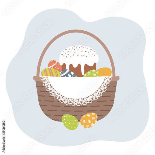 Easter Basket with cute decorated Easter eggs and kulich on white openwork vintage doily. Collection of symbols of religious holiday covered with patterns - dots,flowers, stripes. Vector illustration