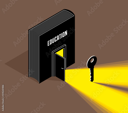 Book with half open door and turnkey vector 3d isometric illustration, knowledge is the key to success metaphor, education and self-education, secret literature.