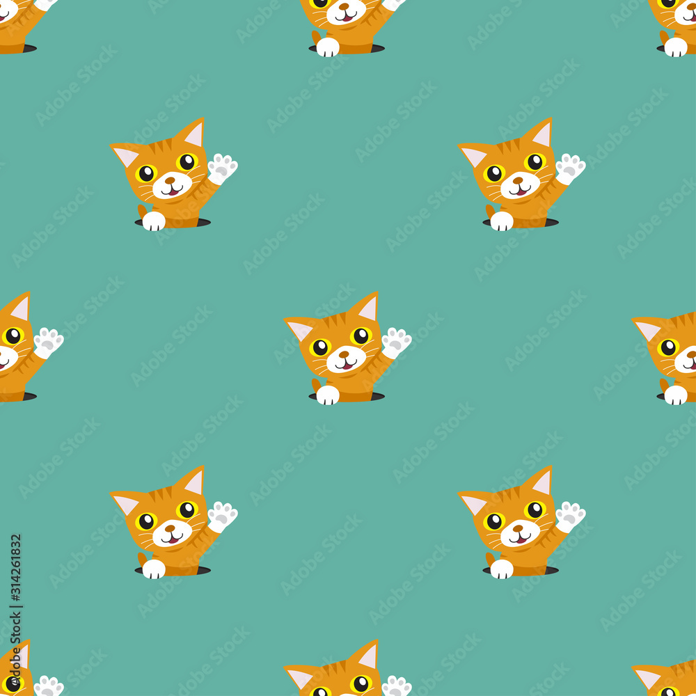 Obraz premium Vector cartoon character cute tabby cat seamless pattern background for design.