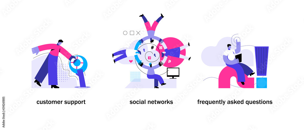Blogging concepts set. Customer support, social networks, frequently asked questions. Mobile app page set templates. Flat Vector Illustration Blogging concepts set. Customer support, social networks, frequently asked questions. Mobile app page set templates. Flat Vector Illustration