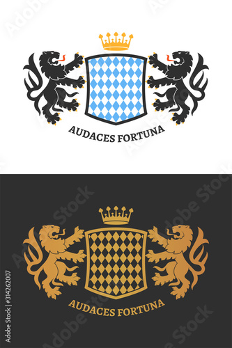 Coat of the arms. Two lions hold a shield. Color and two-tone versions. Vintage design heraldic symbols and elements