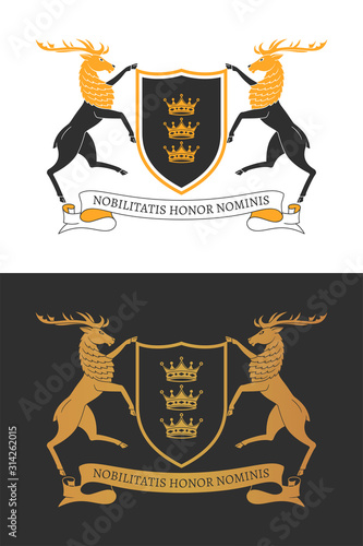 Coat of the arms. Two noble deers hold a shield. Color and two-tone versions. Vintage design heraldic symbols and elements