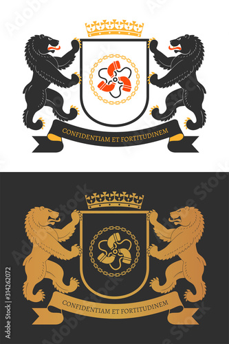 Coat of the arms. Two bears hold a shield. Color and two-tone versions. Vintage design heraldic symbols and elements