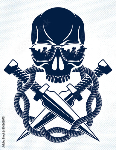 Revolution and Riot wicked emblem or logo with aggressive skull, vector tattoo, anarchy and chaos, rebel partisan and revolutionary.