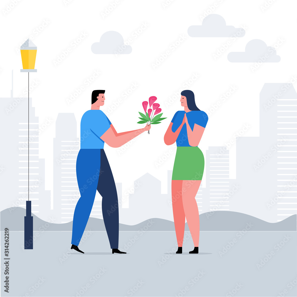 Romantic couple concept. A man gives flowers to a woman. Romantic date cartoon banner. Flat Vector Illustration