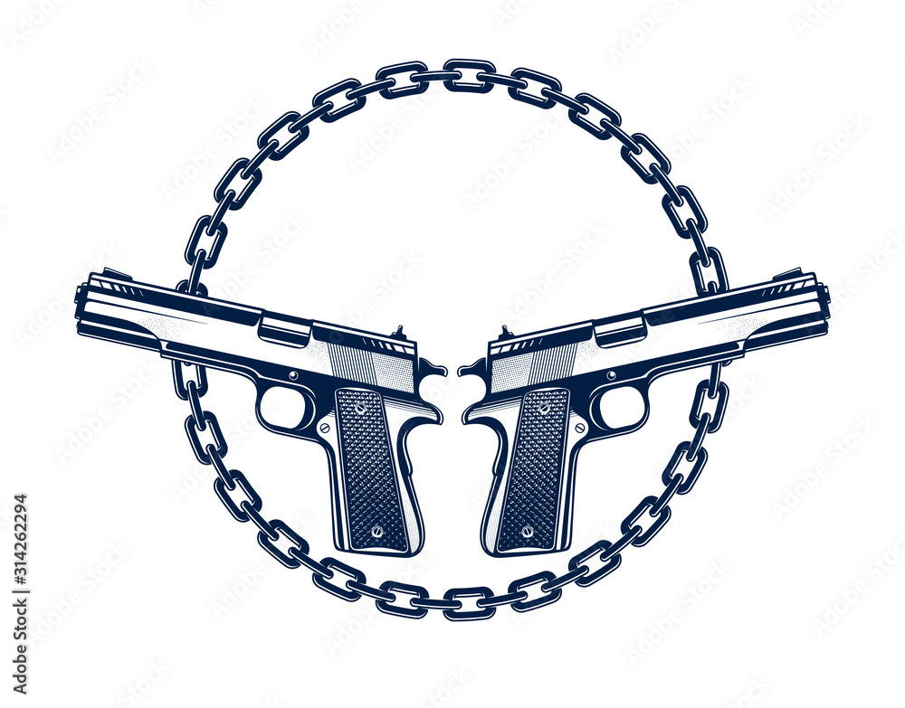 Two crossed handguns vector emblem or logo isolated on white, vintage