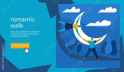 Romantic walk concept. Man and woman walk in the moonlight. Romantic date cartoon banner. Flat Vector Illustration
