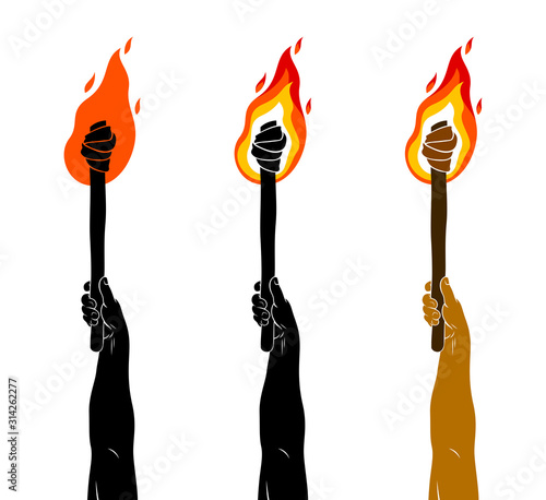 Torch in a hand raised up vector illustration, Prometheus, flames of fire, bring the light to the dark, conceptual allegory art.