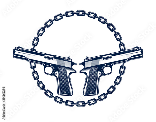 Two crossed handguns vector emblem or logo isolated on white, vintage style coat of arms crest, weapons, army force or gang sign.