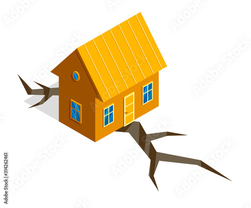 House on ground crack because of earthquake real estate insurance concept vector isometric illustration isolated on white background, natural disaster protection.