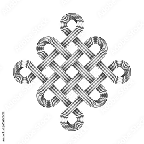 Chinese endless knot made of crossed metal wires. Traditional Buddhist symbol. Vector illustration.