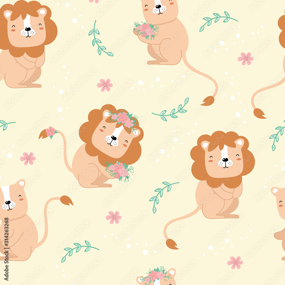 Cute seamless pattern with lions. Lion, lioness, flowers. Vector children's illustration with crocodiles and colored stones on a white isolated background. Printing on fabric
