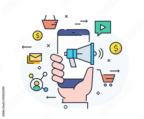 Hand holds phone social network marketing. Virtual communication smartphone. Cooperation interaction. Success, Cooperation. line icon illustration