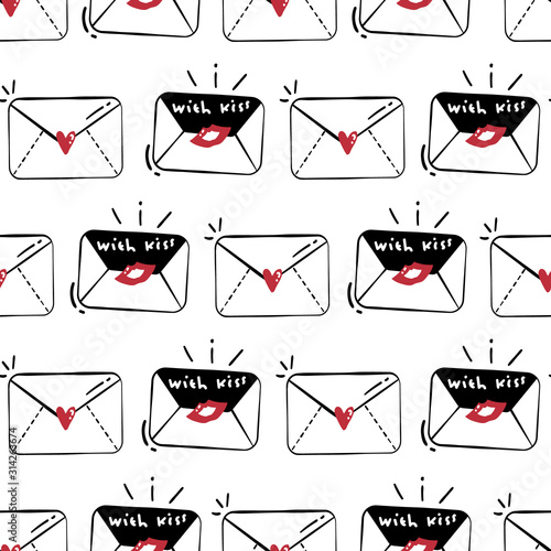 Seamless pattern with cute kissed love mails arranged in line on white background. Doodle style for surface design. Hand drawn vector illustration.