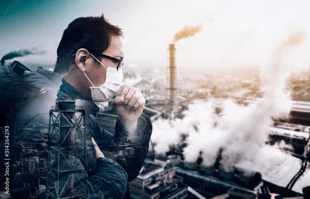 Plakat mężczyzna ubrany w maskę na tle fabryki smogu i zanieczyszczenia powietrza