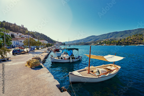 Harbor with leisure and fishing boats at anchor  Paros Island  Greece.