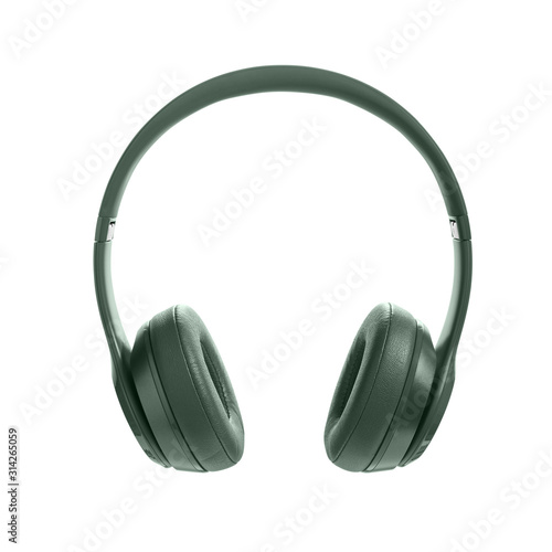 Green wireless headphone on white background. Headphones isolated on a white background, product photography