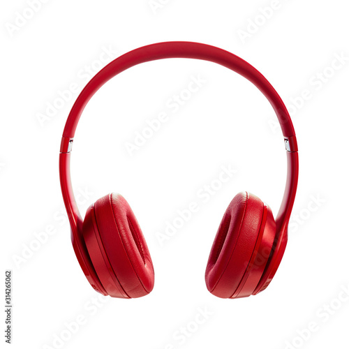Red wireless headphone on white background. Headphones isolated on a white background, product photography photo