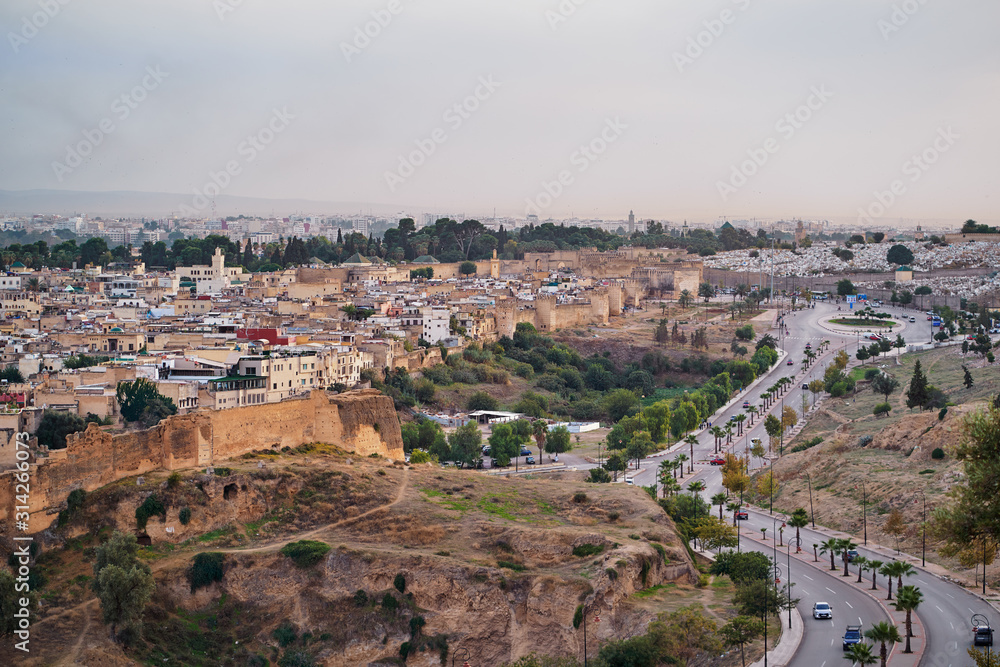 View of Fez City from the viewpoint. Fes el Bali Medina, Morocco, Africa