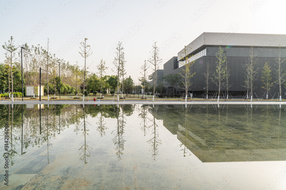 Modern business office area at sunrise